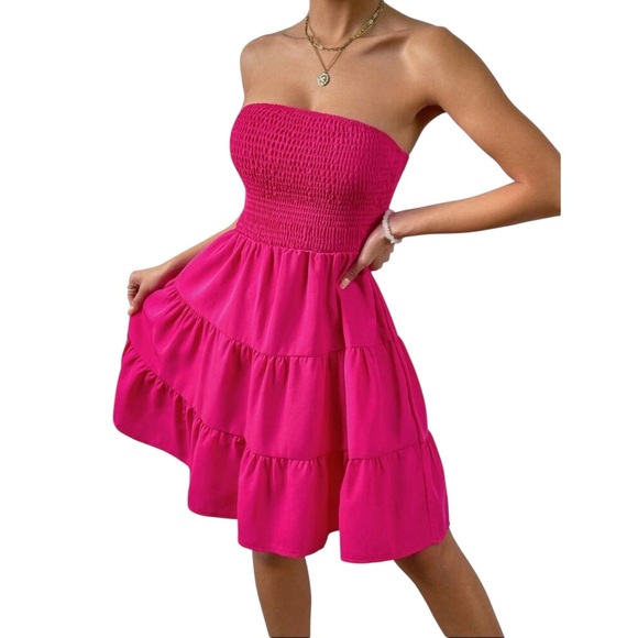 SHEIN Pink Smocked Tiered Mini Sundress Small - Picture 2 of 13